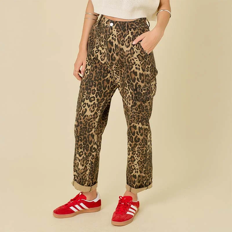 Women's Comfortable Garments 5 Pocket Leopard Denim Pants