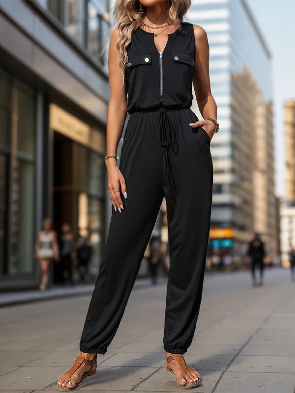 Comfortable Lounge Clothing Half Zip Sleeveless Jumpsuit with Pockets