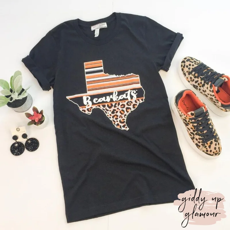 Your Timeless Wardrobe Awaits SHSU | Serape & Cheetah Texas Shape Bearkats Logo Short Sleeve Tee Shirt in Black Your Timeless Wardrobe Awaits SHSU | Serape & Cheetah Texas Shape Bearkats Logo Short Sleeve Tee Shirt in Black