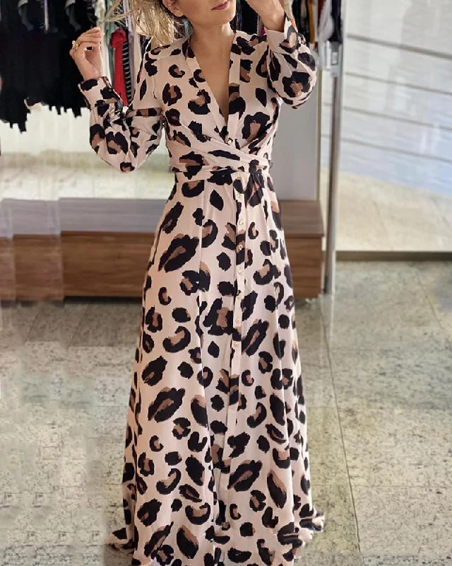 Women's Fashion Clothes Leopard Print Boho Spring Dress, Bohemian Dress For Women