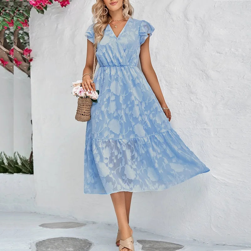 Women's Clothing Apparel Elegant Floral Prints Summer 2024 New V-neck Short Flying Sleeve High Waist A-Line Midi Dress