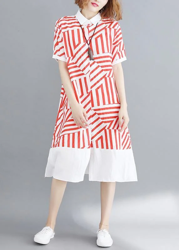 Women's Casual Wear Clothing Vivid red striped tunic shirt dress lapel Button Down daily summer Dress