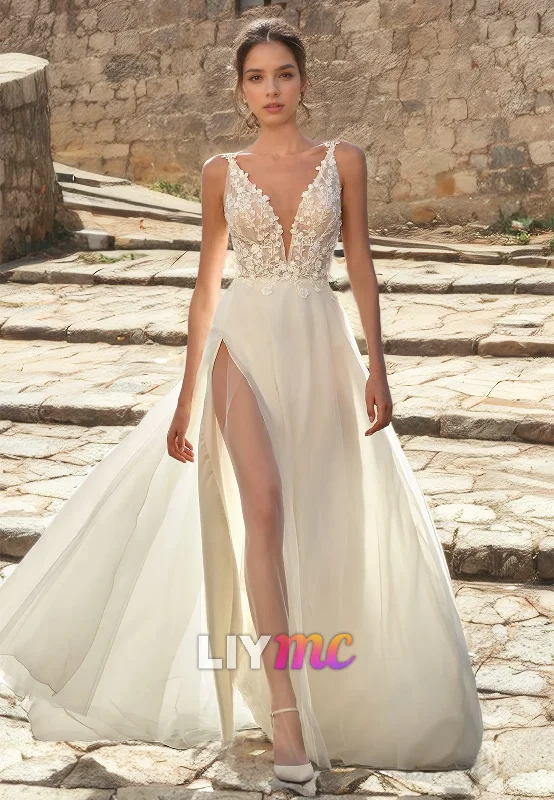 Women's Occasion Wear Clothes V-Neck Straps Appliques Tulle Side Slit A-Line Beach Wedding Dress