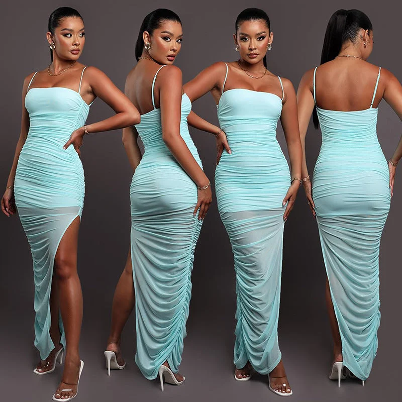 Eclectic Fashion 2022 Summer Casual Women Solid Color Ruched Sleeveless Backless High Slit Maxi Dress Eclectic Fashion 2022 Summer Casual Women Solid Color Ruched Sleeveless Backless High Slit Maxi Dress