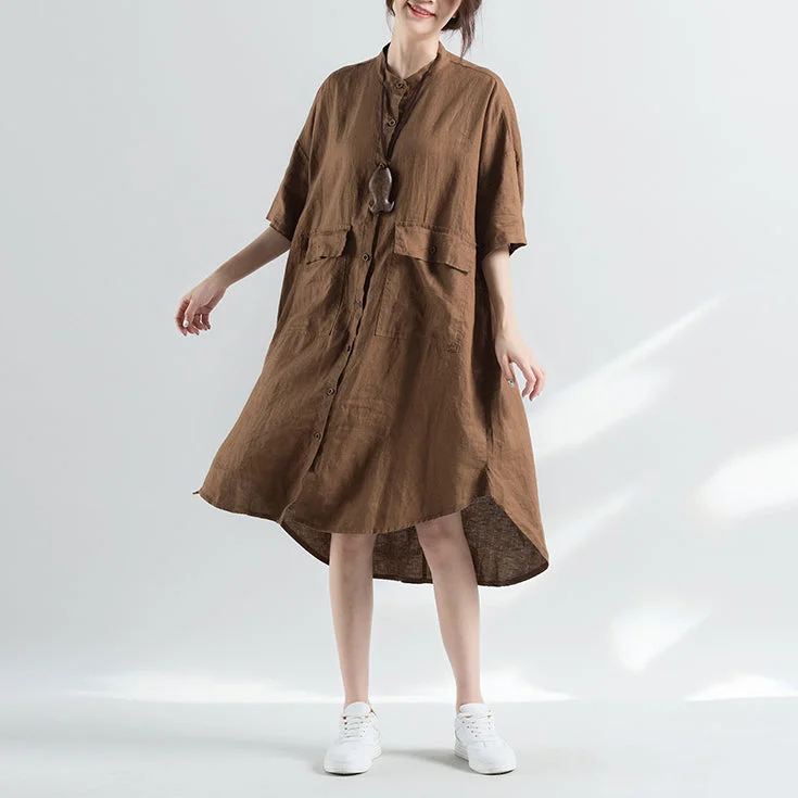 Women's Garments fashion khaki cotton dresses plus size cotton dress women half sleeve Stand cotton dress