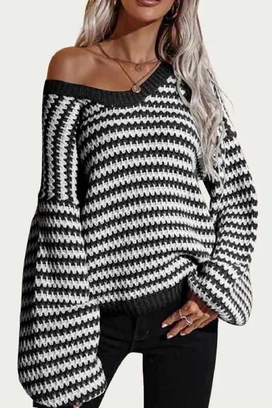 Women's Tops And Clothing Striped V-Neck Knit Sweater In Black/white