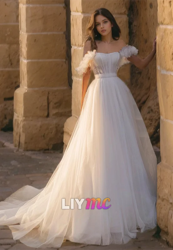 Women's Night-Out Outfit Off-Shoulder Strapless Tulle Pleated A-Line Ball Gown Wedding Dress