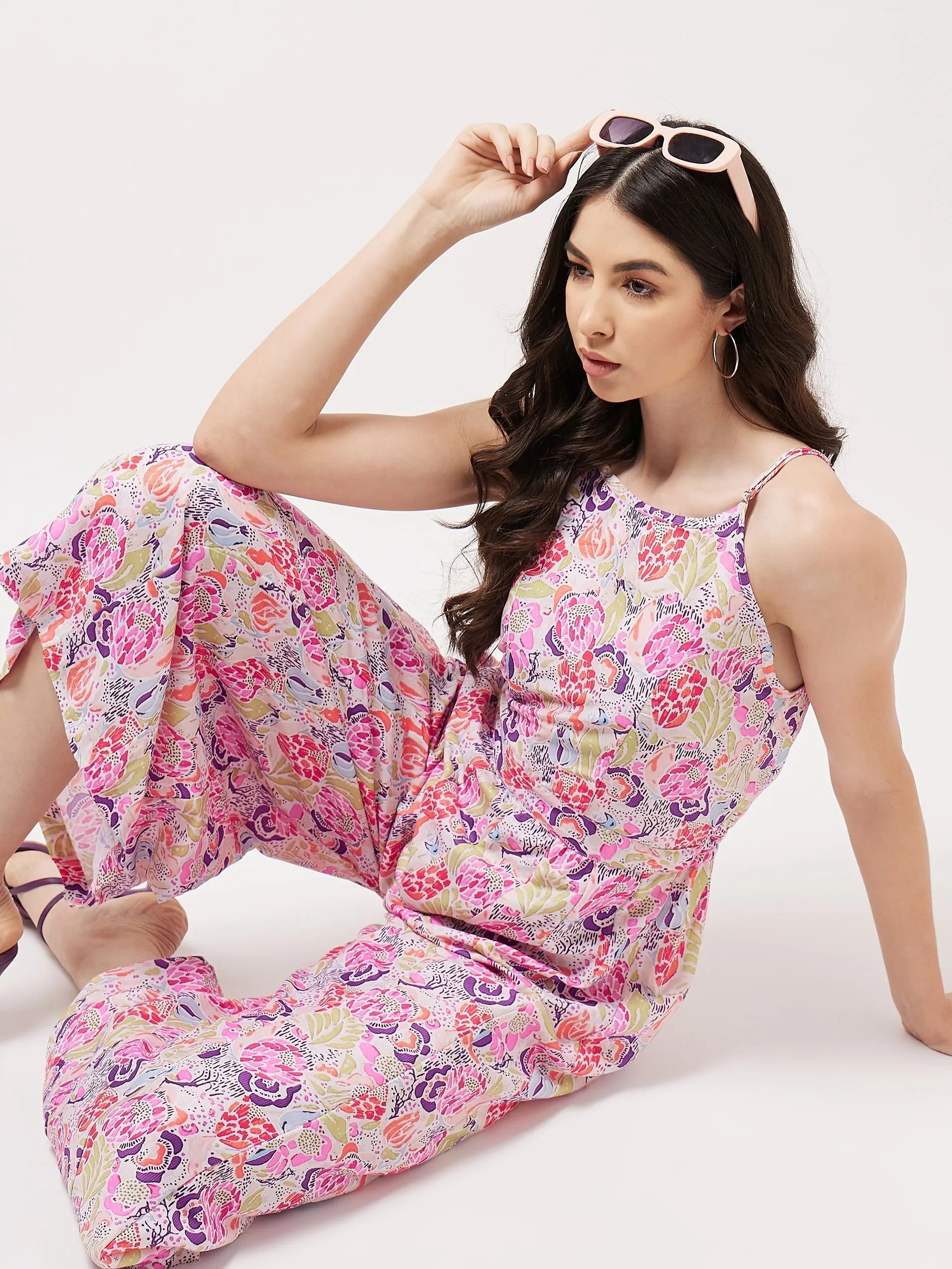 Affordable Women's Apparel Painted Floral Look Digital Printed Strappy Multicolor Jumpsuit