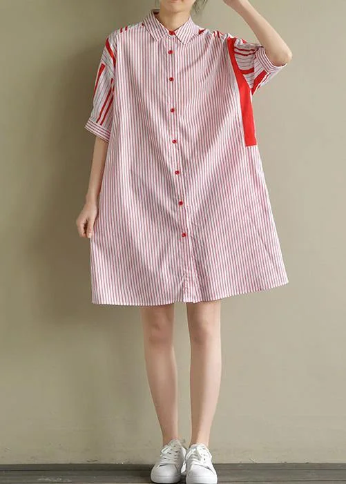 Women's Outerwear Attire Simple lapel patchwork Cotton clothes For Women red striped Dresses summer