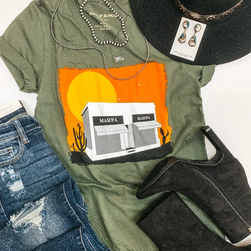 Trend Forward Women's Wear Last Chance Size XL & 2XL | Sunsets at Prada Marfa V Neck Graphic Tee in Olive Green Trend Forward Women's Wear Last Chance Size XL & 2XL | Sunsets at Prada Marfa V Neck Graphic Tee in Olive Green