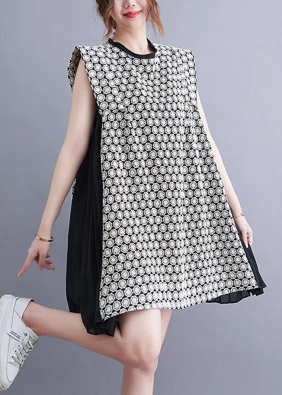 Modern Women's Attire Modern Black O-Neck Chiffon Patchwork Print Cotton A Line Dress Sleeveless