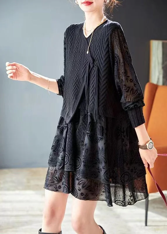 Comfortable Garments For Women Italian Black Jacquard Patchwork False Two Pieces Knit Short Dress Spring