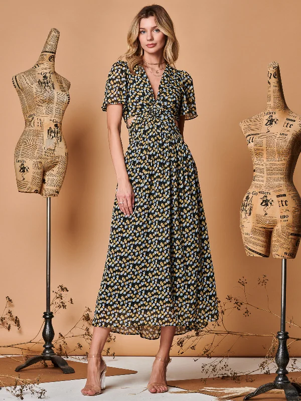 Affordable Online Boutique Plunge Neckline Keyhole Chiffon Maxi Dress, Black Multi