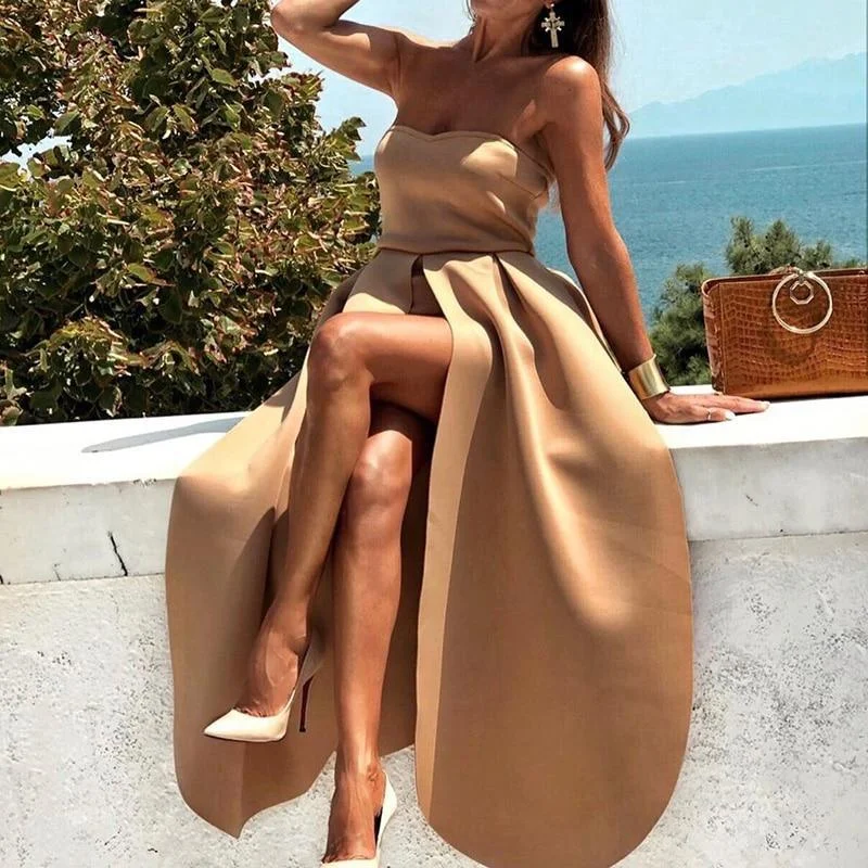 Street Style Fashion FashionSierra - Off Shoulder Party Dress Women Solid Khaki Strapless Dress Elegant Back Zipper Slit Holiday Maxi Dresses High Slit Vestido Mujer