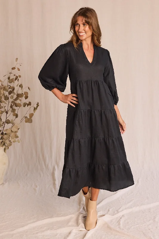 Women's Holiday Clothing Sabre Linen V-Neck Dress in Black