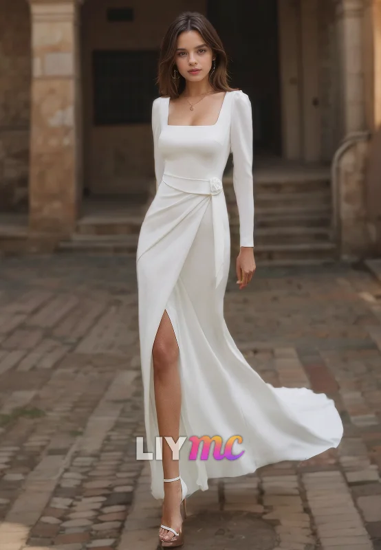 Women's Trendy Casual Clothes Square Long Sleeves Ruched Side Slit Wedding Dress