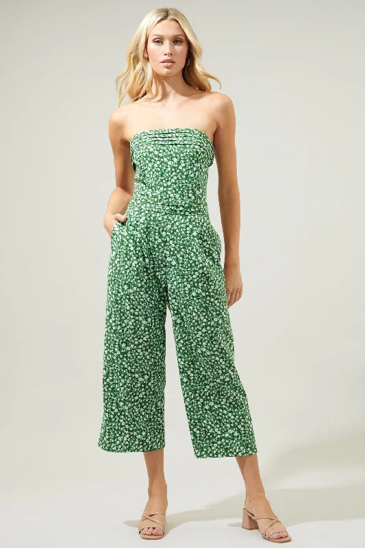 Women's Chic Outerwear Garments Adieu Floral Free Flow Strapless Pleated Cropped Jumpsuit