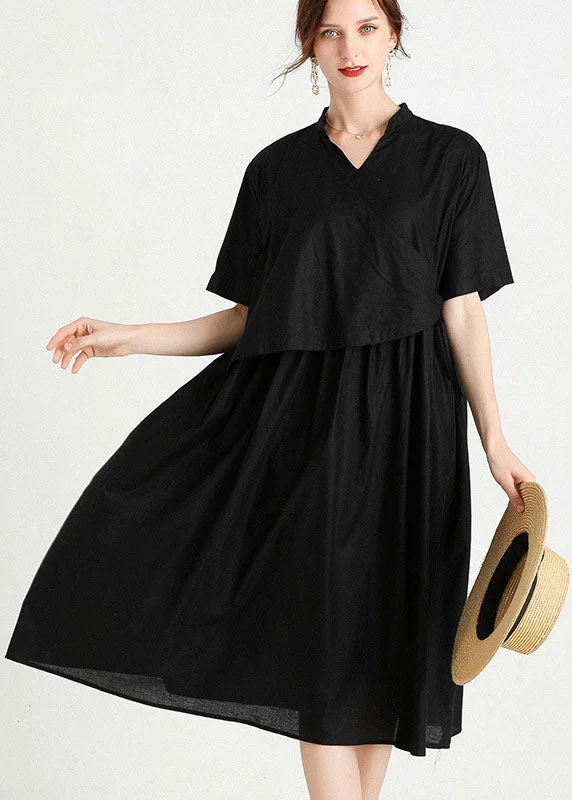 Women's Apparel Modern Black Cinched Patchwork Cotton Dresses Short Sleeve