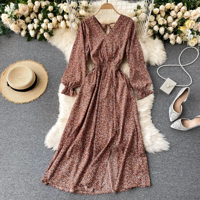 Women's Plus-Size Casual Outfit Floral Bohemian Long Sleeve Dress, Boho Maxi Dress for Women