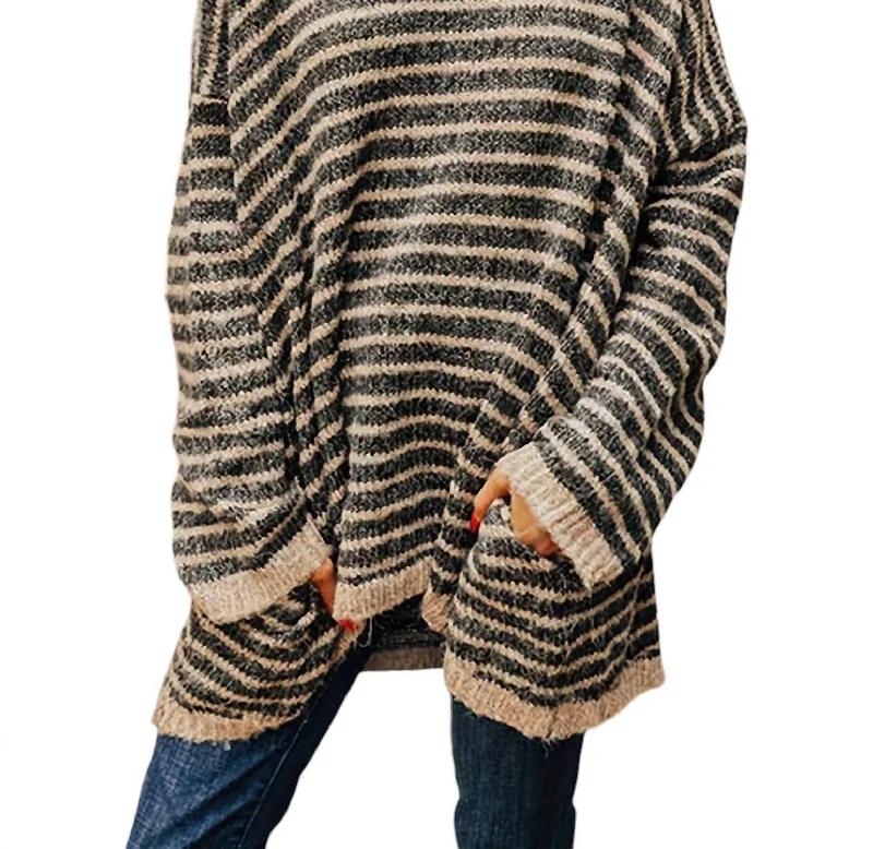 Charming Women's Clothes For Special Events Striped Turtleneck Pullover Sweater In Black/brown