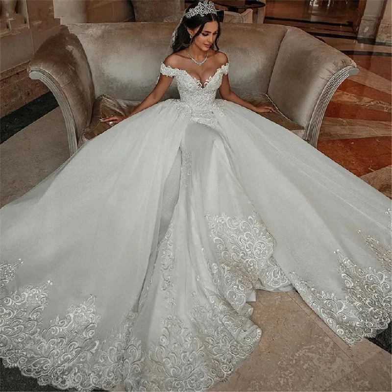 Casual Apparel For Women Poppy Luxury Boat Neck Mermaid Wedding Dresses Pearls Beaded Lace Appliques Bridal Gowns with Detachable Train