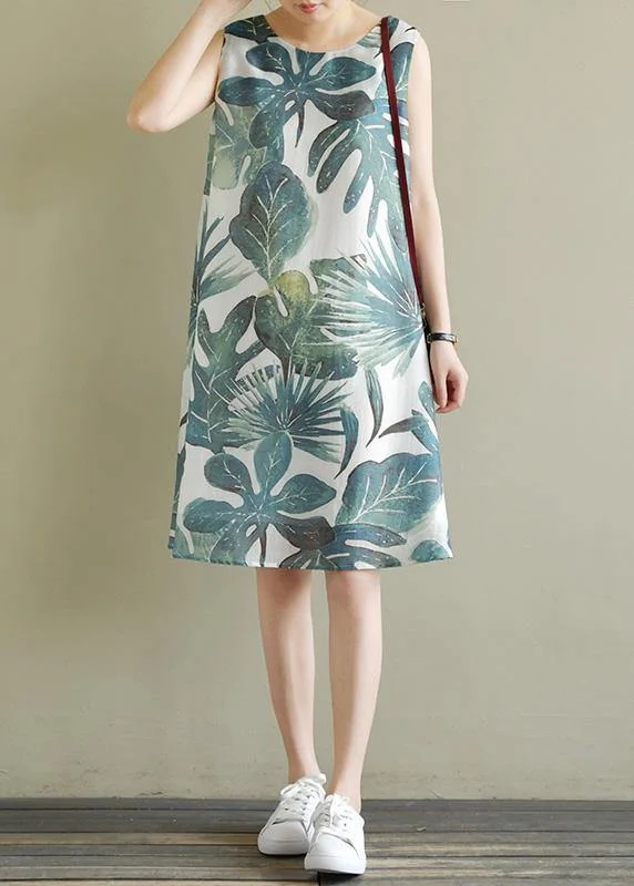 Women's Casual Attire French green print dresses sleeveless Dresses summer Dress