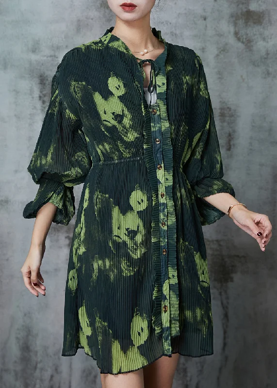 Women's Vintage Attire Boho Blackish Green Tie Dye Pleated Dress Spring