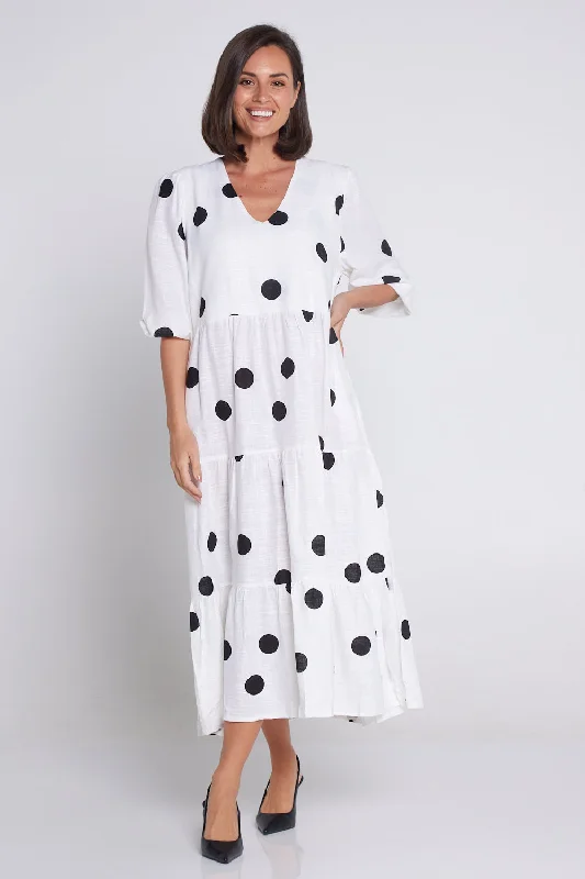 Comfortable Lounge Clothing Eleanor Linen Dress - White/Black Spots