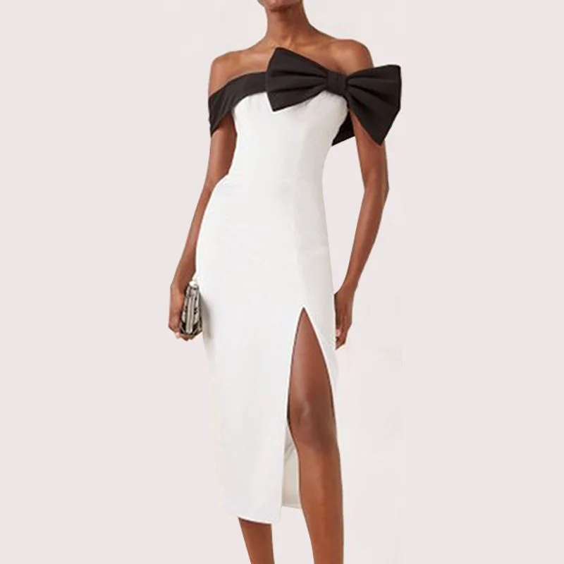 Formal Attire For Women Black And White Bow Party Dress, Cocktail Dress