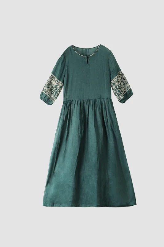 Women's Cozy Clothes Emerald Embroidery Ramie Dress