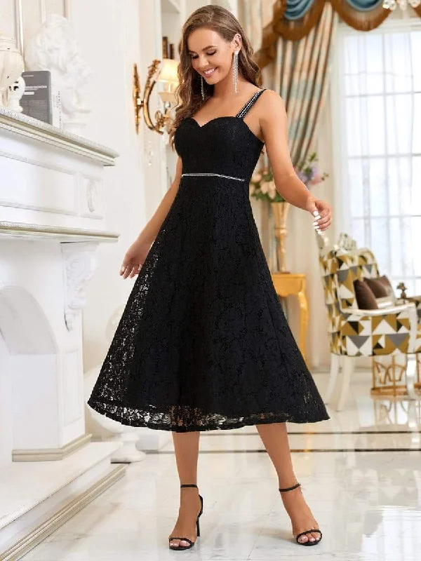 Trendy Urban Attire Elegant Beaded Strap Sweetheart Midi Lace Evening Dress