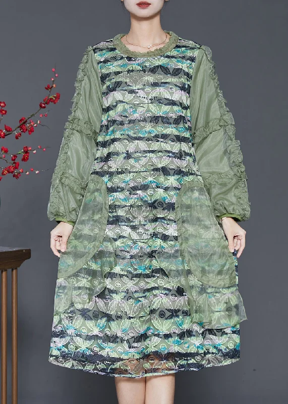 Women's Activewear Apparel Classy Green Ruffled Patchwork Silk Dress Spring