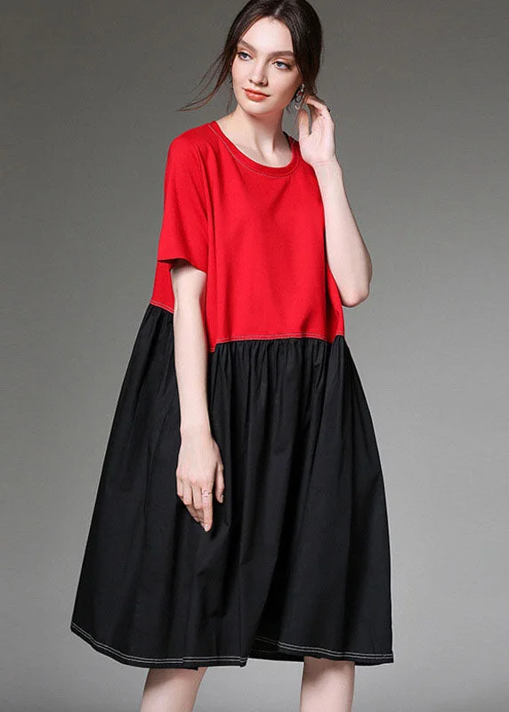 Women's Seasonal Apparel Stylish Red O-Neck Patchwork Cotton Dresses Short Sleeve