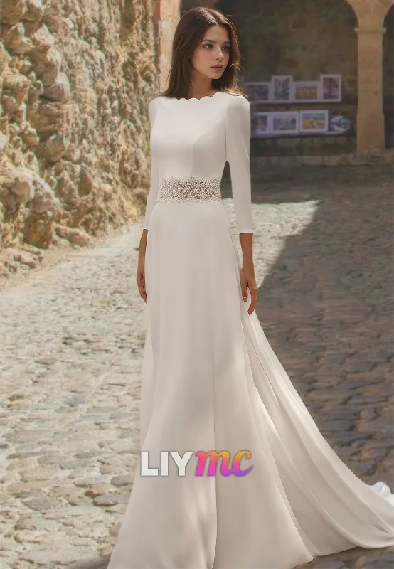 Vintage-Inspired Women's Apparel Bateau Long Sleeves Sleek Appliques Sheath Wedding Dress