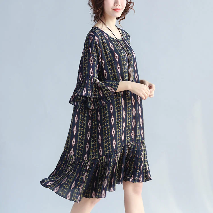 Sustainable Fashion Clothing For Women women dark blue prints chiffon dresses trendy plus size chiffon maxi dress Elegant ruffles hem ruffles sleeve cute chiffon dress