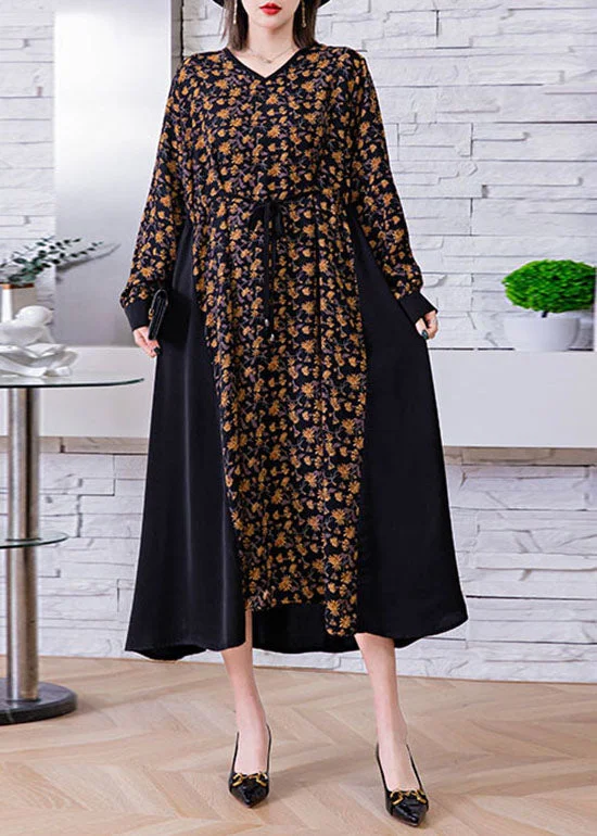 Women's Professional Attire Plus Size Black tie waist V Neck print Patchwork Silk Holiday Dress Spring