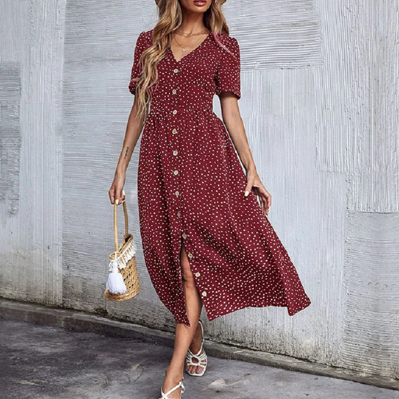 Timeless Women's Clothes Vacation Chic Single-breasted Cardigan V-neck Short Sleeve Hem Slit Retro Dot Midi Dress