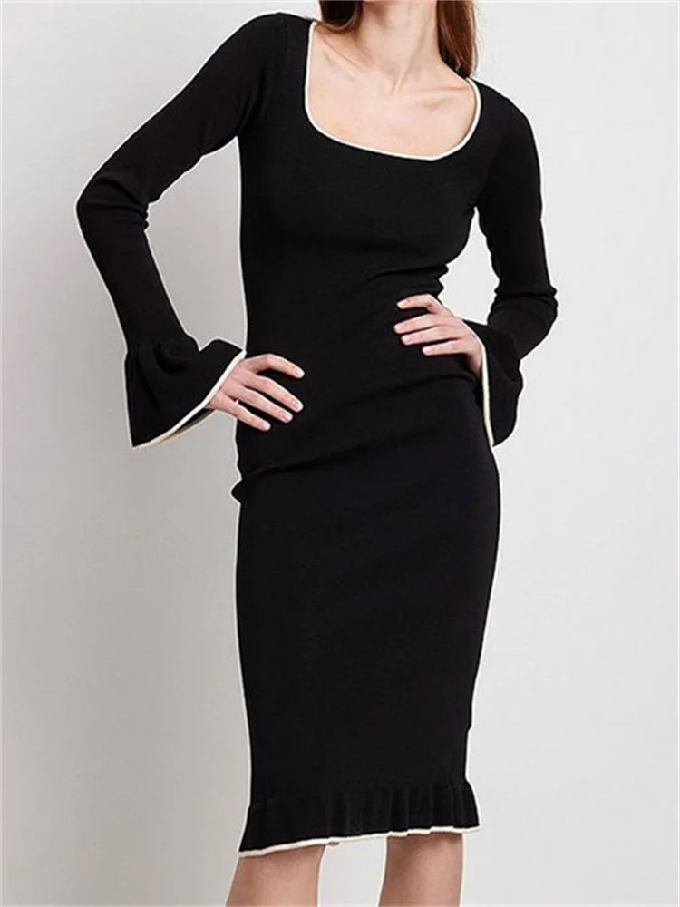 Unique Women's Fashion Pieces Elegant Patchwork Square Neck Long Flare Sleeve Ruffles Backless Midi Dress Unique Women's Fashion Pieces Elegant Patchwork Square Neck Long Flare Sleeve Ruffles Backless Midi Dress