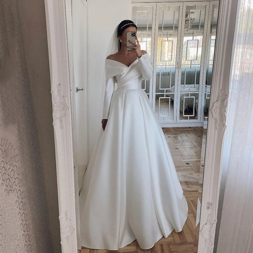 Women's Clothes And Garments Satin Wedding Dresses With Long Sleeves Dubai Elegant Bride Dress A-Line White/Ivory Bridal Gowns vestidos de novia