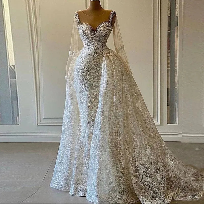 Vintage Clothing For Women Luxury Sparkly Sequin Wedding Dresses for Womem Mermaid Crystals Long Sleeves with Detachable Train African Bridal Gowns