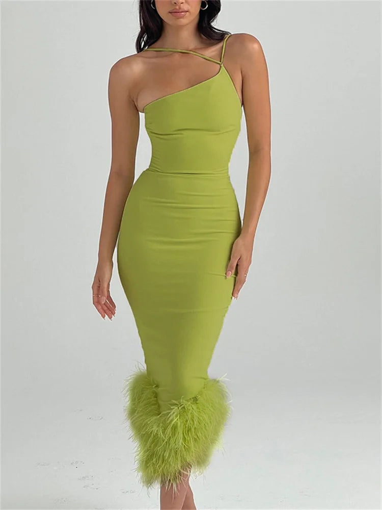 Trendy Aesthetics Elegant Feather Hem Sleeveless Party Club Asymmetrical Strap Midi Dress Trendy Aesthetics Elegant Feather Hem Sleeveless Party Club Asymmetrical Strap Midi Dress