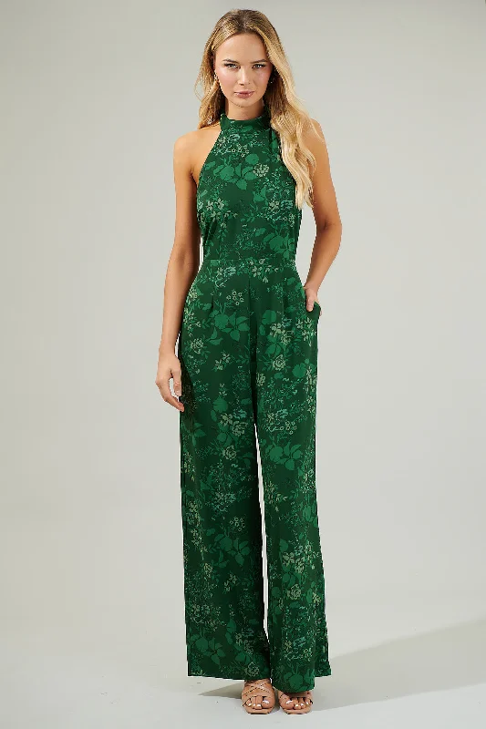 Women's Holiday Clothes Woodland Floral After Hours Backless Halter Jumpsuit