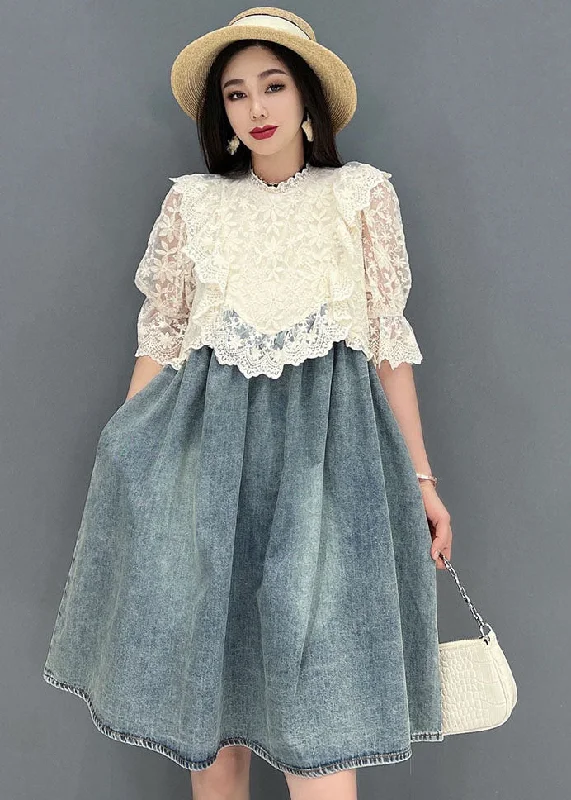 Limited Stock, Big Sale French Blue Stand Collar Hollow Out Lace Patchwork Cotton Denim Mid Dresses Short Sleeve Limited Stock, Big Sale French Blue Stand Collar Hollow Out Lace Patchwork Cotton Denim Mid Dresses Short Sleeve