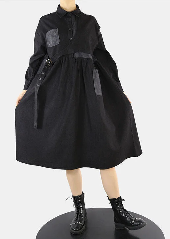 Women's Sporty Chic Clothes Style Black asymmetrical design Cinched Peter Pan Collar denim Dress Spring