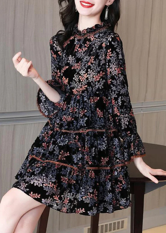 Women's Active Clothing French Black Ruffled Print Silk Velour Mid Dress Spring