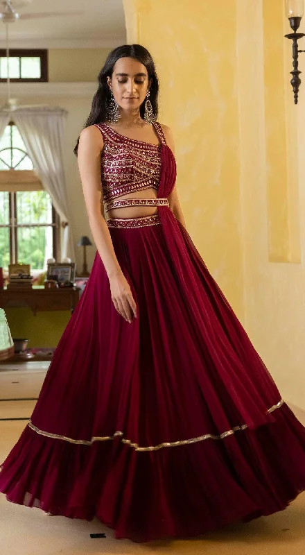 Women's Outerwear Garments Wine Lehenga Set with Mirror Work