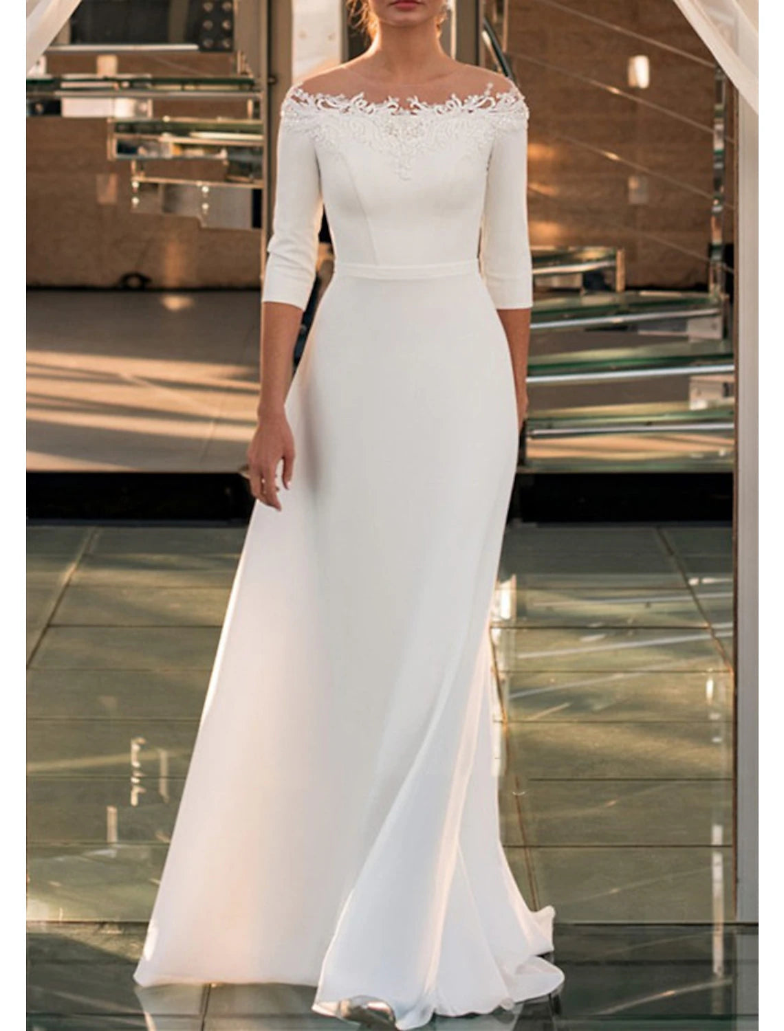 Massive Savings Engagement Formal Fall Wedding Dresses A-Line Off Shoulder 3/4 Length Sleeve Sweep / Brush Train Lace Bridal Gowns With Appliques Solid Color