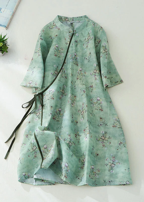 Women's High-Fashion Clothes Green Print Linen Mid Dress Mandarin Collar Tie Waist Half Sleeve