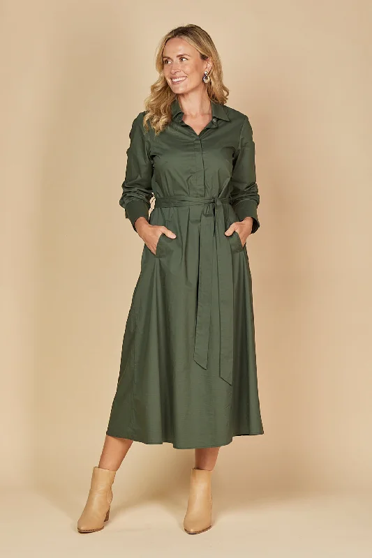 Trendy Athleisure Clothing For Women Kelly Poplin Dress in Bottle Green