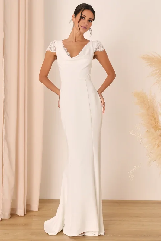 Hot Brand Discounts Sheath White Lace Cap Sleeve Mermaid Floor-length Maxi Dress Wedding Dresses